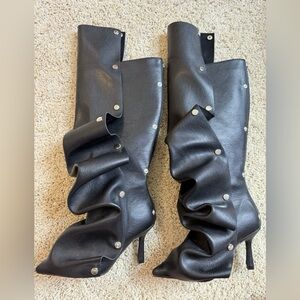 Azalea Wang Black Ruffled Knee-High Boots Pointed Toe Stiletto EU 36